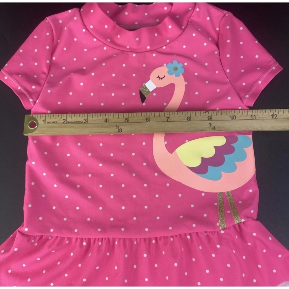 Carters Pink Polka Dot Flamingo Rash Guard Swim Top Ruffle Hem Size 4 5 - Picture 3 of 7